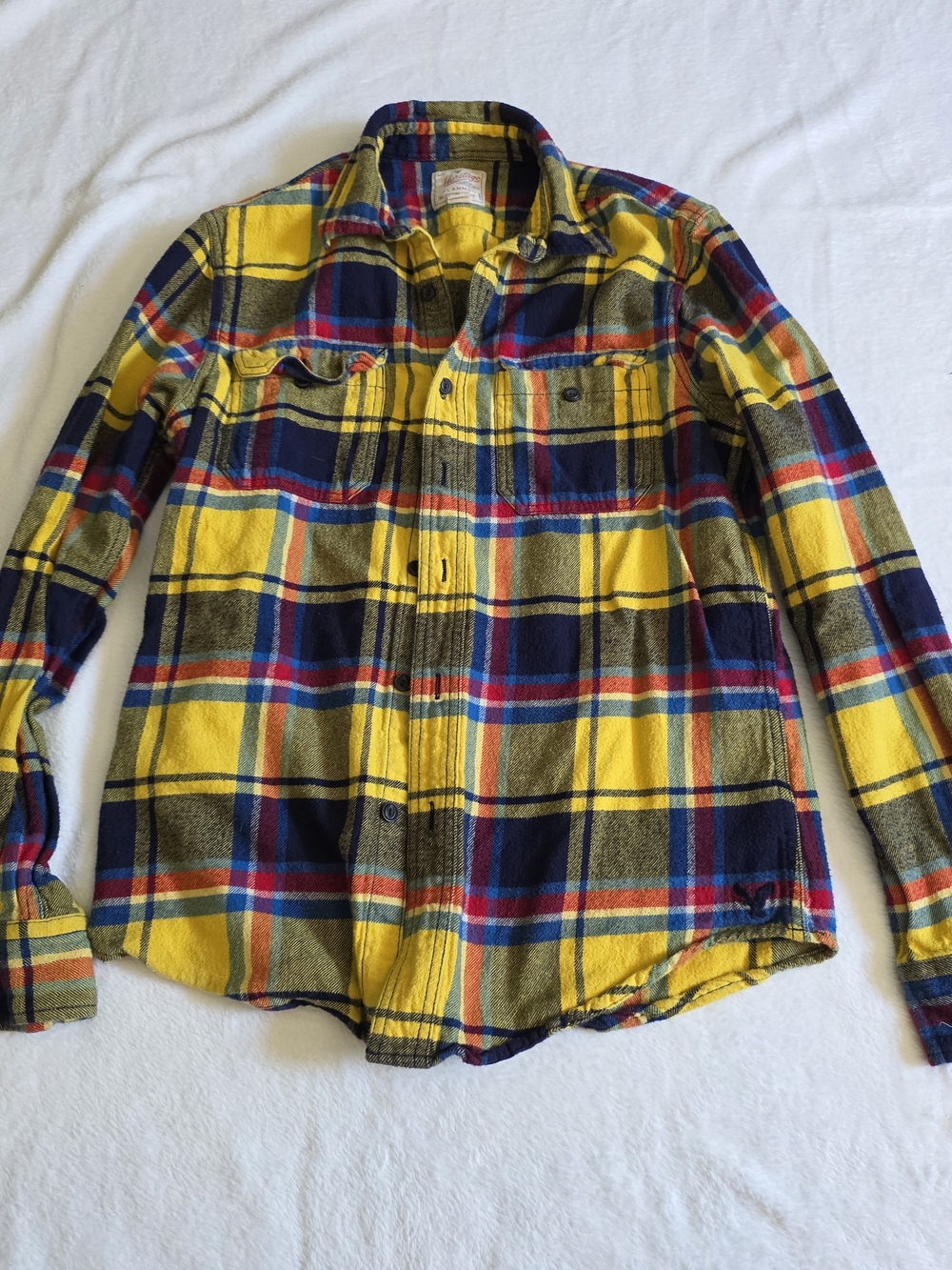 American Eagle Outfitters Yellow Navy Plaid Button-Down Shirt